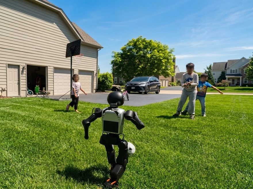Le robot qui joue au soccer sur une pelouse avec trois enfants
