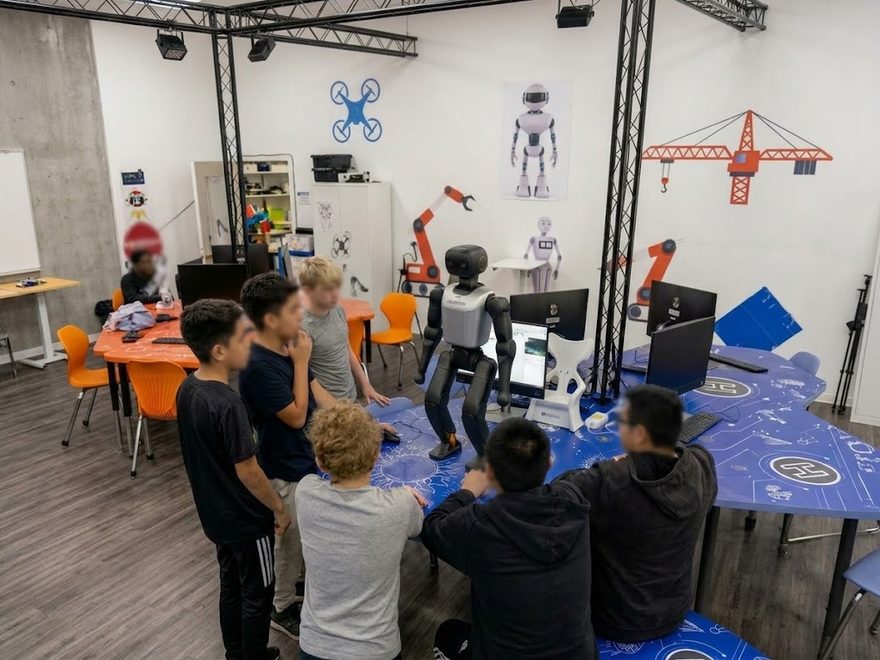 Le robot debout sur une table bleue dans une classe de robotique, entouré d'enfants, dont certains aux ordinateurs