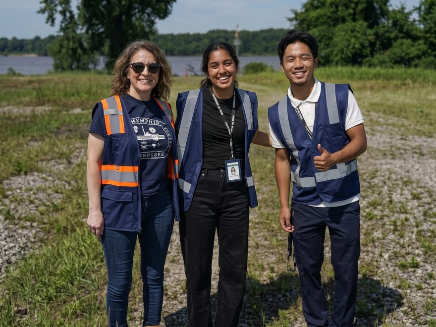 Trois membres de l'équipe, souriants, en veste de travail